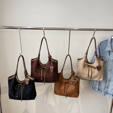 Große Tote Bag Wildleder Kunstleder Schleife Dekor Pendler Schultertasche Damen Retro Stil
