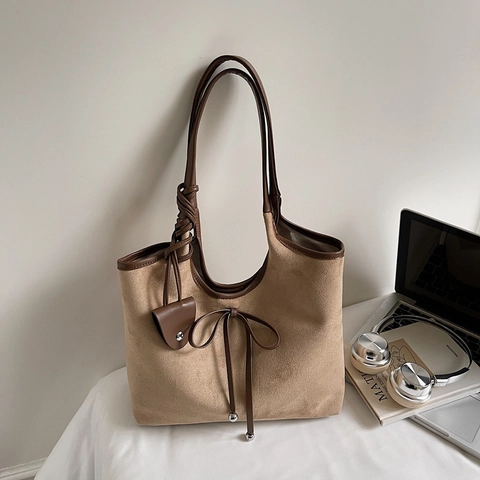 Große Tote Bag Wildleder Kunstleder Schleife Dekor Pendler Schultertasche Damen Retro Stil