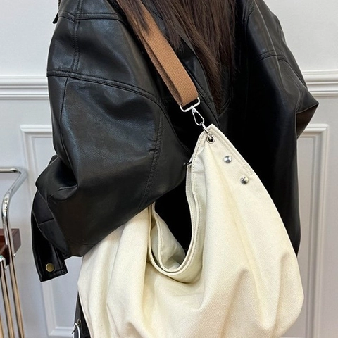 Große Canvas Hobo Tasche Retro Workwear Schulter Umhängetasche Tote Mit PU Lederriemen Und Silbernen Nieten Alltag