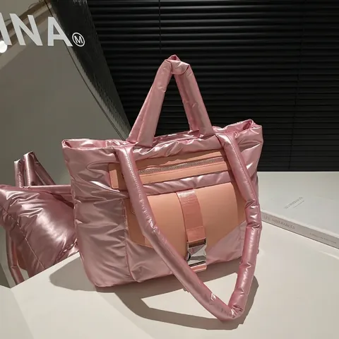 Dames Metallic Doorgestikte Puffer Tote Tas Grote Capaciteit Handtas Met Gesp En Ritsvak Winter Chique