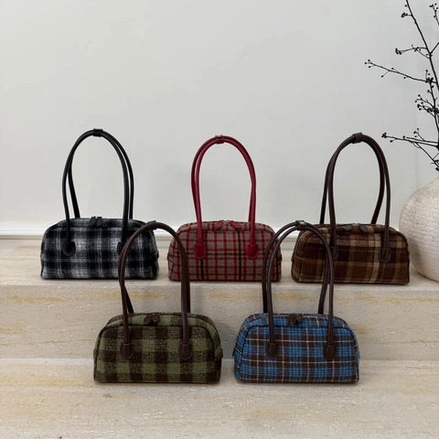 Retro Plaid Handbag Women Vintage Woolen Tweed Underarm Shoulder Bag Minimalist Autumn Winter PU Leather Handles