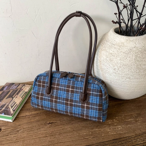 Retro Plaid Handbag Women Vintage Woolen Tweed Underarm Shoulder Bag Minimalist Autumn Winter PU Leather Handles