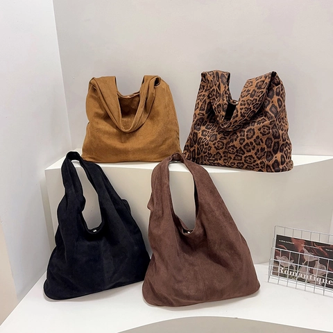Damen Große Kapazität Wildlederoptik Schultertasche Leopardenmuster Tote Minimalistische Hobo Bag Vintage Stil