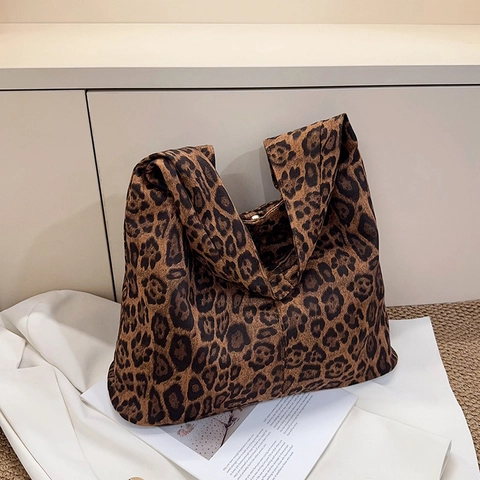 Damen Große Kapazität Wildlederoptik Schultertasche Leopardenmuster Tote Minimalistische Hobo Bag Vintage Stil