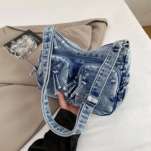 Washed Denim Umhängetasche Mehrere Taschen Utility Style Große Kapazität Lässige Messenger Bag Mit Verstellbarem Riemen