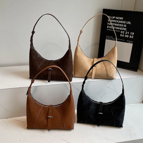 French Vintage Hobo Bag Frosted PU Leather Adjustable Shoulder Strap Zipper Closure Solid Color Minimalist For Women