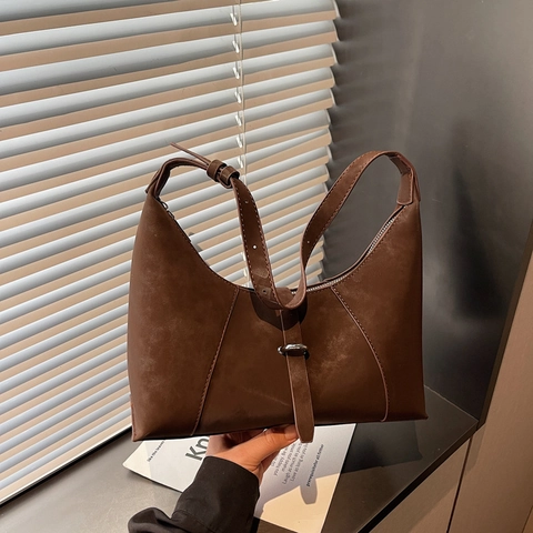 French Vintage Hobo Bag Frosted PU Leather Adjustable Shoulder Strap Zipper Closure Solid Color Minimalist For Women