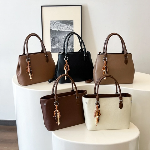 Grande Borsa Tote In Pelle PU Grana Litchi Borsa A Tracolla Con Nappa In Perline Di Legno Per Donna Vintage