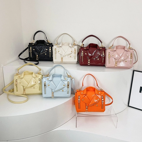 Women Motorcycle Jacket Shape Handbag PU Leather Punk Glossy Crossbody Bag With Gold Zippers Rivets Top Handle