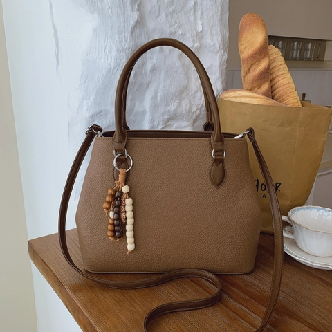 Grande Borsa Tote In Pelle PU Grana Litchi Borsa A Tracolla Con Nappa In Perline Di Legno Per Donna Vintage
