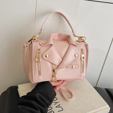 Women Motorcycle Jacket Shape Handbag PU Leather Punk Glossy Crossbody Bag With Gold Zippers Rivets Top Handle