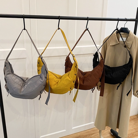 Damen Hobo Bag Crescent Tasche Groß Leicht Nylon Plissee Kordelzug Schultertasche Umhängetasche Lässig Minimalistisch