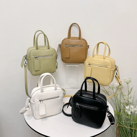 Minimalist PU Leather Small Square Handbag Dual Handles Front Zipper Pocket Adjustable Strap Crossbody Bag Women Fashion
