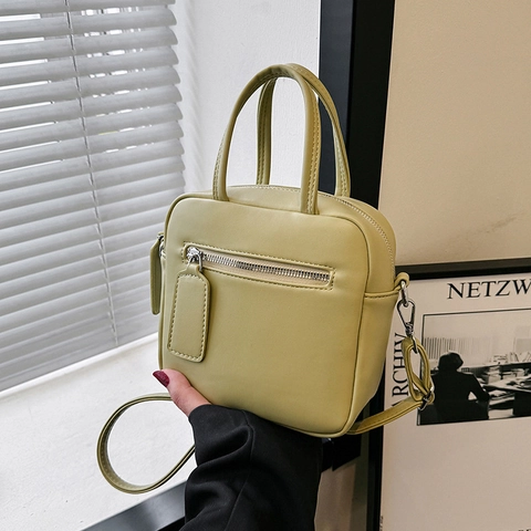 Minimalist PU Leather Small Square Handbag Dual Handles Front Zipper Pocket Adjustable Strap Crossbody Bag Women Fashion