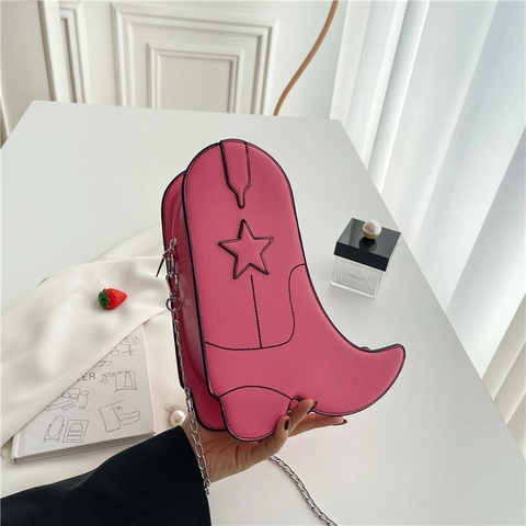 Borsa A Tracolla Creativa A Forma Di Stivale Da Cowboy Pelle PU Ricamo A Stella Catena Di Metallo Borsa A Spalla Da Donna Stile Retro Western