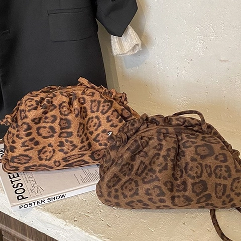 Borsa Nuvola Stampa Leopardata Pieghe Coulisse Borsa Tracolla Spalla Mano Per Donna Moda Casual