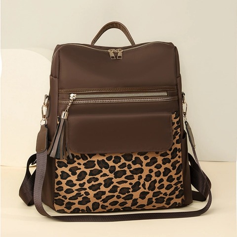 Damen Mode Rucksack Nylon Leopardenmuster Quaste Große Kapazität Mehrzweck Reise Freizeit Tasche