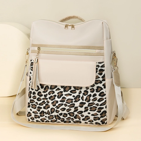 Damen Mode Rucksack Nylon Leopardenmuster Quaste Große Kapazität Mehrzweck Reise Freizeit Tasche