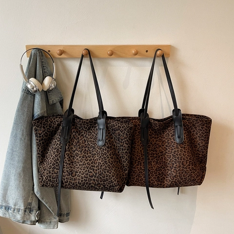 Borsa Tote Vintage Stampa Leopardata Da Donna Grande Capacità Texture Scamosciata Borsa A Spalla Versatile Pendolare Cerniera