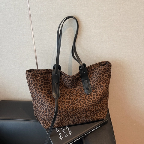 Borsa Tote Vintage Stampa Leopardata Da Donna Grande Capacità Texture Scamosciata Borsa A Spalla Versatile Pendolare Cerniera