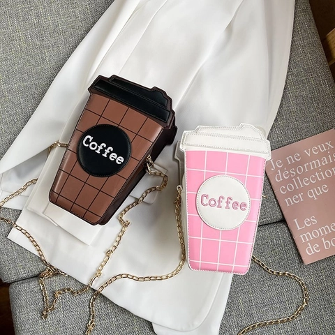 Creative Coffee Cup Shape Crossbody Bag PU Leather Grid Pattern Chain Shoulder Bag For Women Fashion Novelty Handbag