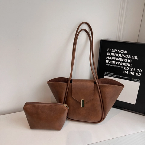 Retro PU Leder Tote Bag Und Pouch Flügelform Große Kapazität Metallschloss Pendler Schulter Handtasche Damen