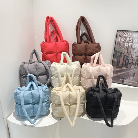 Quilted Puffer Tote Bag Large Capacity Padded Shoulder Handbag Solid Color Lightweight Checkered Fashion For Women
