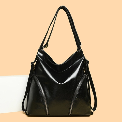 Borsa A Spalla Donna Grande Capacità Pelle PU Lucida Cerniere Argento Retro Moda Tote Bag