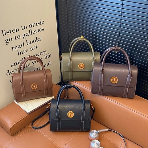 Vintage PU Leather Shoulder Bag For Women Contrast Stitching Top Handle Handbag Gold Twist Lock Crossbody Daily