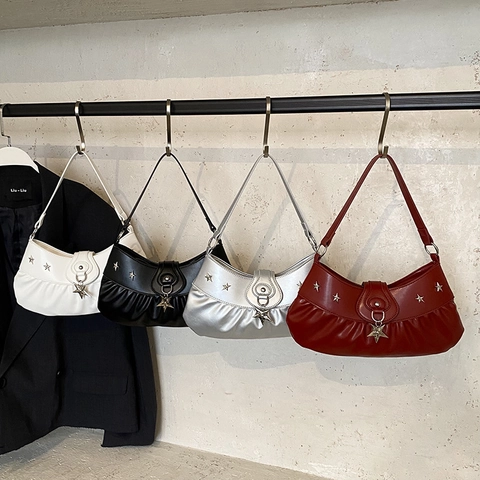 Geplooide PU Leren Okseltas Met Metalen Ster Studs Y2K Retro Stijl Hobo Schoudertas Voor Dames