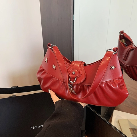 Geplooide PU Leren Okseltas Met Metalen Ster Studs Y2K Retro Stijl Hobo Schoudertas Voor Dames