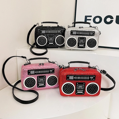 Radio Shaped Glitter Crossbody Bag Retro Novelty Sparkly Handbag For Women Creative Party Shoulder Box Purse