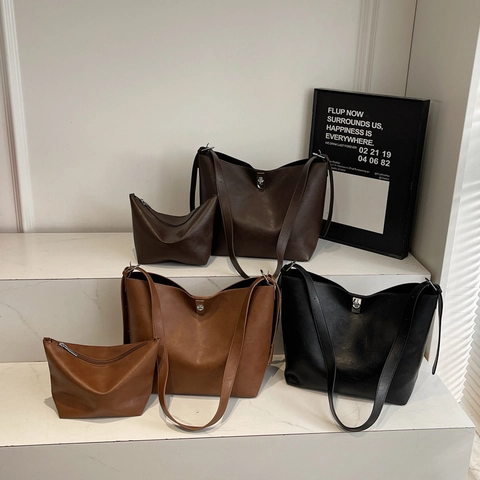 Borsa A Spalla Grande Capacità Pelle PU Tote Secchiello E Pochette Chiusura A Girello Pendolare Retrò Semplice Versatile