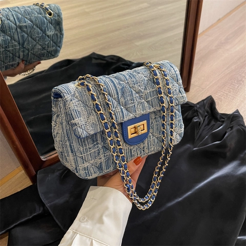 Quilted Tweed Crossbody Bag With Metal Chain Strap Turn Lock Square Shoulder Bag For Women Fashion Elegant
