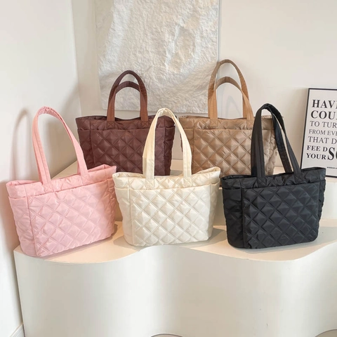 Borsa Tote Trapuntata Grande Capacità Motivo A Diamante Nylon Borsa A Spalla Da Donna Pendolare Quotidiana Chic