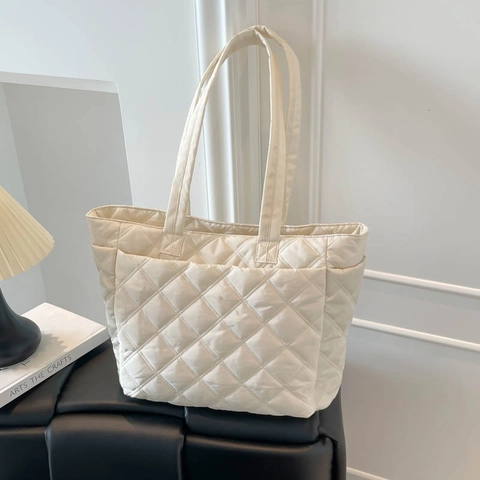 Borsa Tote Trapuntata Grande Capacità Motivo A Diamante Nylon Borsa A Spalla Da Donna Pendolare Quotidiana Chic