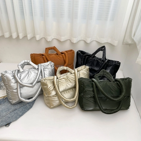Borsa Tote Puffer Trapuntata Imbottita Grande Capacità Nylon Lucido Borsa A Mano Spalla Minimalista Invernale Per Donne