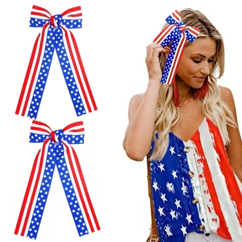 Onafhankelijkheidsdag Amerikaanse Vlag Haarstrik Clips Voor Meisjes Sterren En Strepen Grosgrain Lint Strikken Patriotische Haaraccessoires