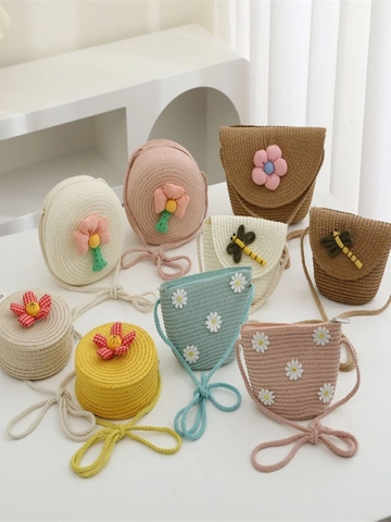 Kids Straw Shoulder Bag Hand-Woven Cute Flower Dragonfly Crossbody Purse For Little Girls Summer Beach Vacation Travel