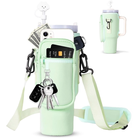 Water Bottle Carrier Bag Neoprene Tumbler Sleeve With Phone Pocket Adjustable Shoulder Strap For Outdoor Sports Travel