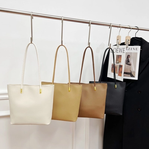 Damen Tote Bag Mit Großer Kapazität Minimalistisches Litchi Maserung PU Leder Pendler Umhängetasche Mit Goldener Hardware