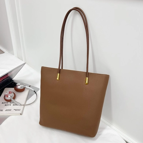 Damen Tote Bag Mit Großer Kapazität Minimalistisches Litchi Maserung PU Leder Pendler Umhängetasche Mit Goldener Hardware