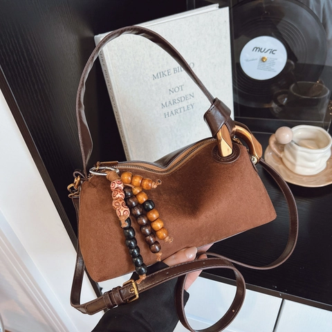 Women Retro Suede PU Leather Boston Shoulder Bag With Wooden Bead Charm Crossbody Commuting Small Square Handbag