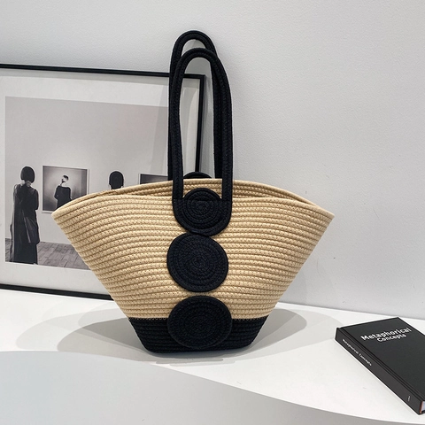 Woven Tote Bag Straw Color Block Large Capacity Handmade Handbag For Women Summer Vacation Beach Style