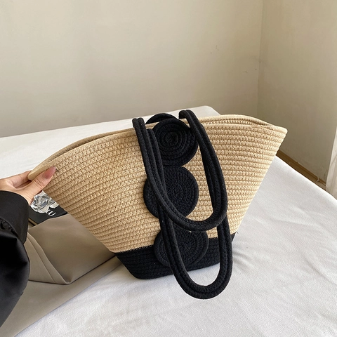 Woven Tote Bag Straw Color Block Large Capacity Handmade Handbag For Women Summer Vacation Beach Style