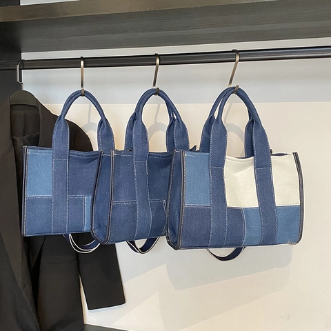 Women Denim Patchwork Tote Bag Large Capacity Contrast Color Stitching Handbag Shoulder Crossbody Bag Adjustable Strap