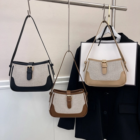 Retro Crossbody Bag For Women Canvas PU Leather Patchwork Adjustable Strap Underarm Shoulder Bag Minimalist Square
