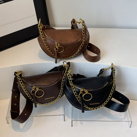 Retro Half Moon Crossbody Bag PU Leather Golden Chain Crescent Shoulder Chest Bag Fashion Casual Solid Color For Women