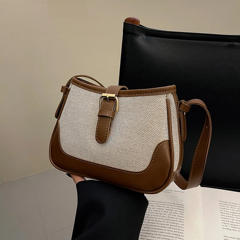 Retro Crossbody Bag For Women Canvas PU Leather Patchwork Adjustable Strap Underarm Shoulder Bag Minimalist Square