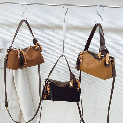 Women Retro Suede PU Leather Boston Shoulder Bag With Wooden Bead Charm Crossbody Commuting Small Square Handbag
